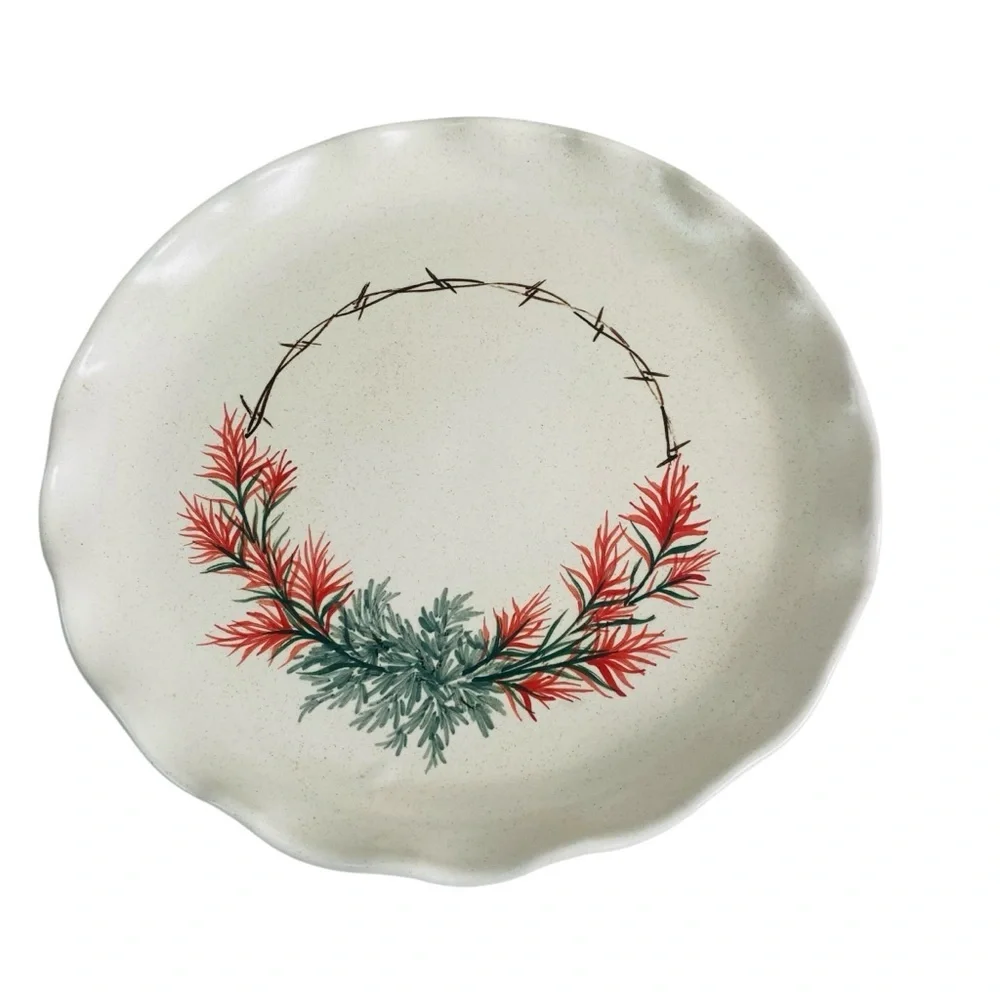 Dano Hand Thrown Pottery Indian Paintbrush Ruffle Edge Round Serving Platter 12”